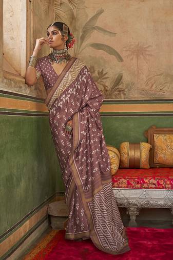 Mauve mercerized sigma silk blend saree with aqua finish