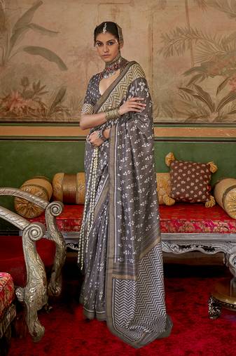 Grey mercerized sigma silk Blend saree with aqua finish