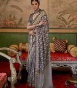 Grey mercerized sigma silk Blend saree with aqua finish