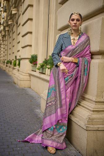 Foil print pink viscose silk blend classic saree
