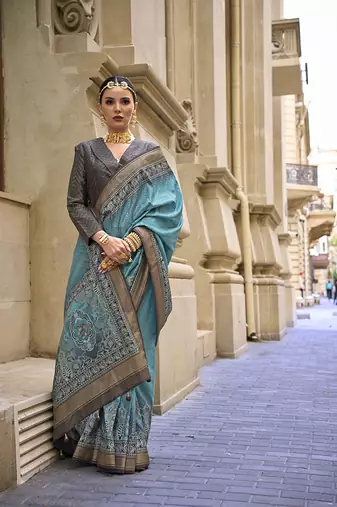 Foil print turquoise viscose silk blend classic saree