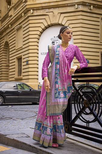 Foil print pink viscose silk classic saree