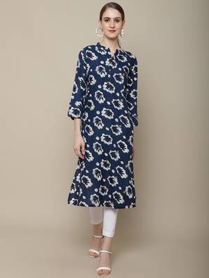 Navy blue printed cotton round neck kurtas and kurtis 1