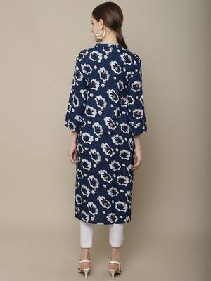 Navy blue printed cotton round neck kurtas and kurtis 2