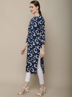 Navy blue printed cotton round neck kurtas and kurtis 3