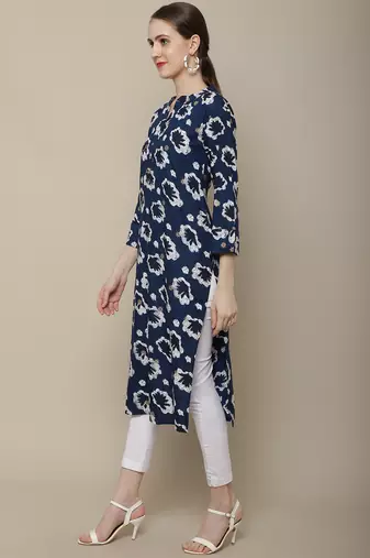Navy blue printed cotton round neck kurtas and kurtis