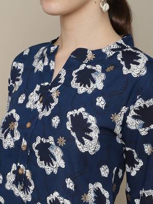 Navy blue printed cotton round neck kurtas and kurtis 4