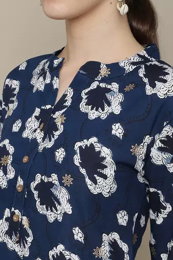 Navy blue printed cotton round neck kurtas and kurtis