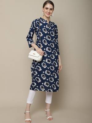 Navy blue printed cotton round neck kurtas and kurtis 5