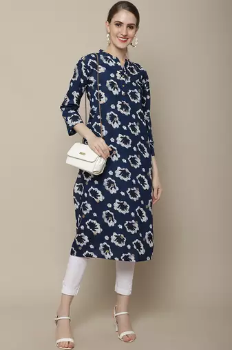 Navy blue printed cotton round neck kurtas and kurtis
