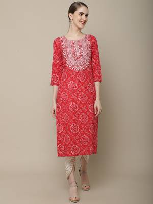 Red embroidered cotton round neck kurtas and kurtis 1