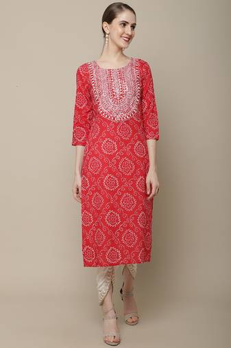 Red embroidered cotton round neck kurtas and kurtis