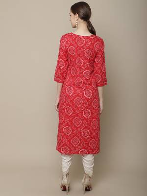Red embroidered cotton round neck kurtas and kurtis 2