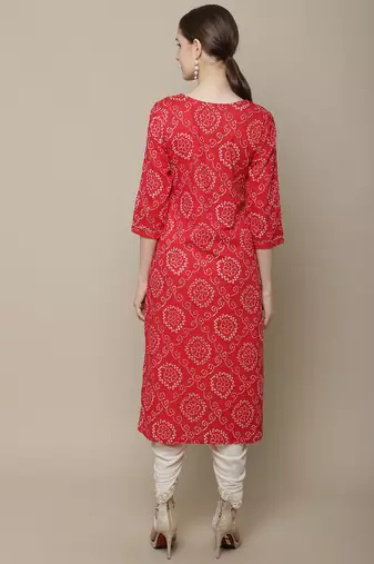 Red embroidered cotton round neck kurtas and kurtis