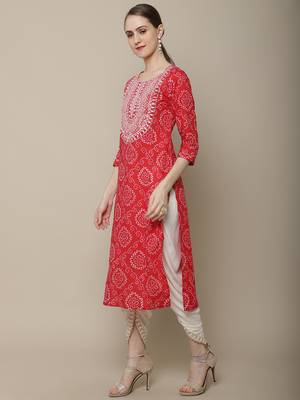 Red embroidered cotton round neck kurtas and kurtis 3