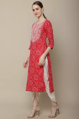 Red embroidered cotton round neck kurtas and kurtis