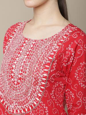 Red embroidered cotton round neck kurtas and kurtis 4