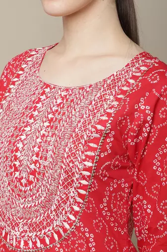Red embroidered cotton round neck kurtas and kurtis