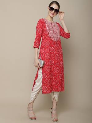 Red embroidered cotton round neck kurtas and kurtis 5
