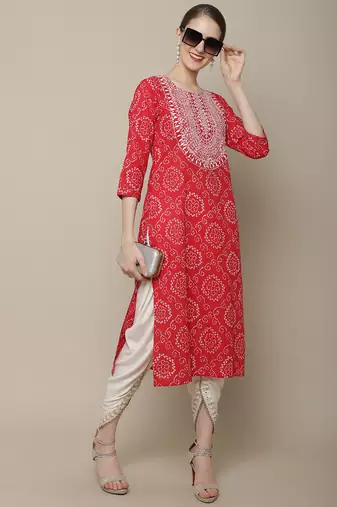 Red embroidered cotton round neck kurtas and kurtis