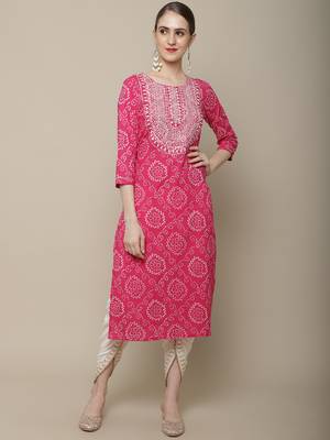 Pink embroidered cotton round neck kurtas and kurtis 1