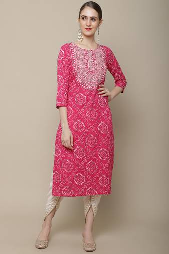 Pink embroidered cotton round neck kurtas and kurtis