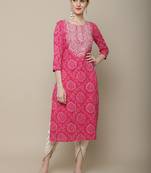 Pink embroidered cotton round neck kurtas and kurtis