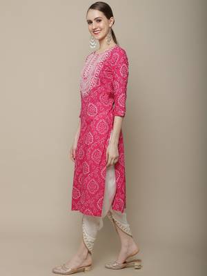 Pink embroidered cotton round neck kurtas and kurtis 3