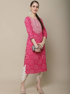 Pink embroidered cotton round neck kurtas and kurtis 5