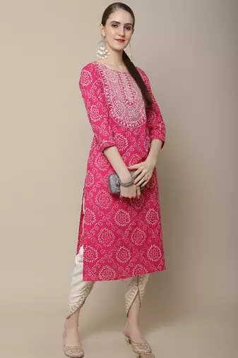 Pink embroidered cotton round neck kurtas and kurtis