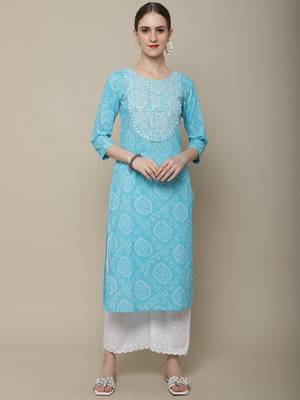 Light blue embroidered cotton round neck kurtas and kurtis 1
