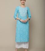Light blue embroidered cotton round neck kurtas and kurtis