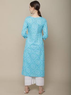 Light blue embroidered cotton round neck kurtas and kurtis 2