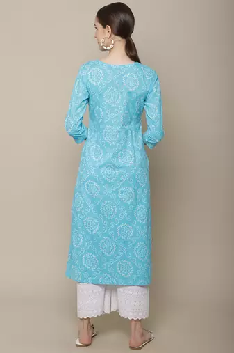Light blue embroidered cotton round neck kurtas and kurtis