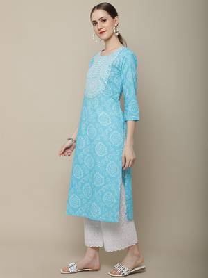 Light blue embroidered cotton round neck kurtas and kurtis 3