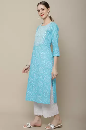 Light blue embroidered cotton round neck kurtas and kurtis