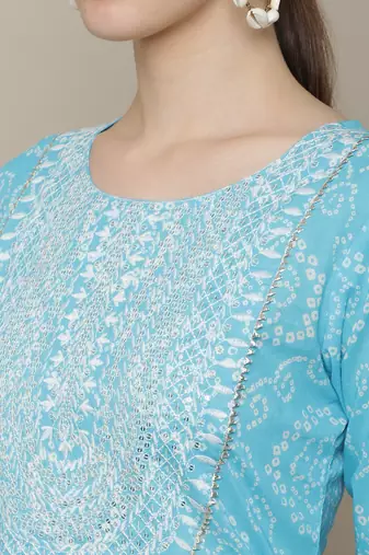 Light blue embroidered cotton round neck kurtas and kurtis