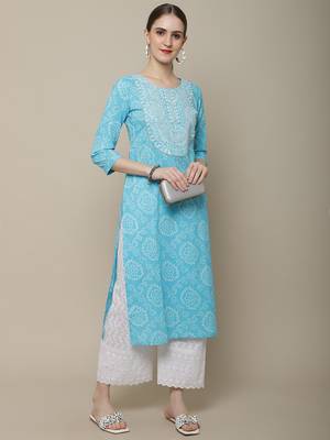 Light blue embroidered cotton round neck kurtas and kurtis 5