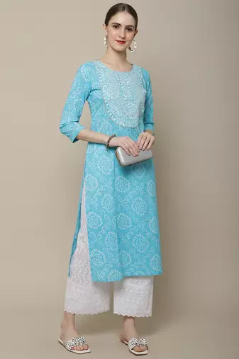 Light blue embroidered cotton round neck kurtas and kurtis