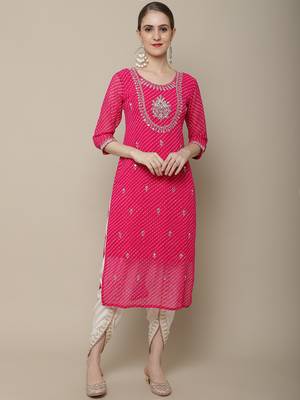 Pink embroidered georgette round neck kurtas and kurtis 1