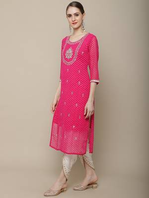 Pink embroidered georgette round neck kurtas and kurtis 3