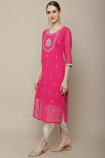 Pink embroidered georgette round neck kurtas and kurtis