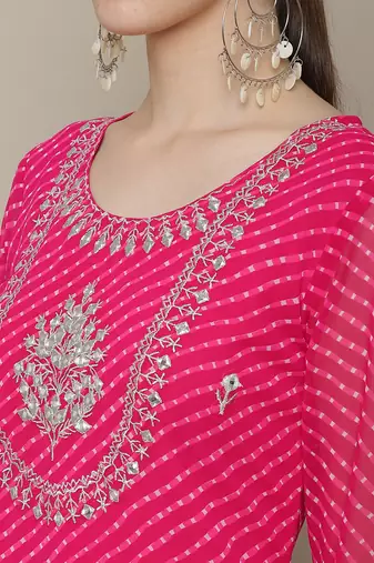 Pink embroidered georgette round neck kurtas and kurtis