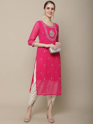 Pink embroidered georgette round neck kurtas and kurtis 5