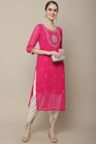 Pink embroidered georgette round neck kurtas and kurtis