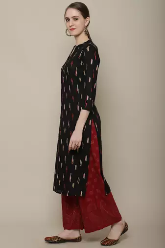 Black printed cotton round neck kurtas and kurtis