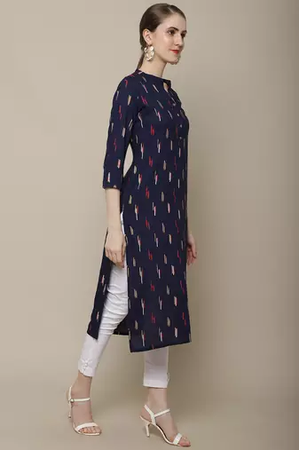 Navy blue printed cotton round neck kurtas and kurtis
