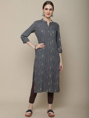 Grey printed cotton round neck kurtas and kurtis 1