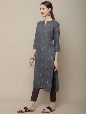 Grey printed cotton round neck kurtas and kurtis 3