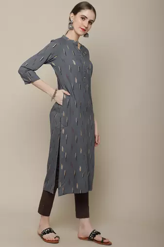 Grey printed cotton round neck kurtas and kurtis